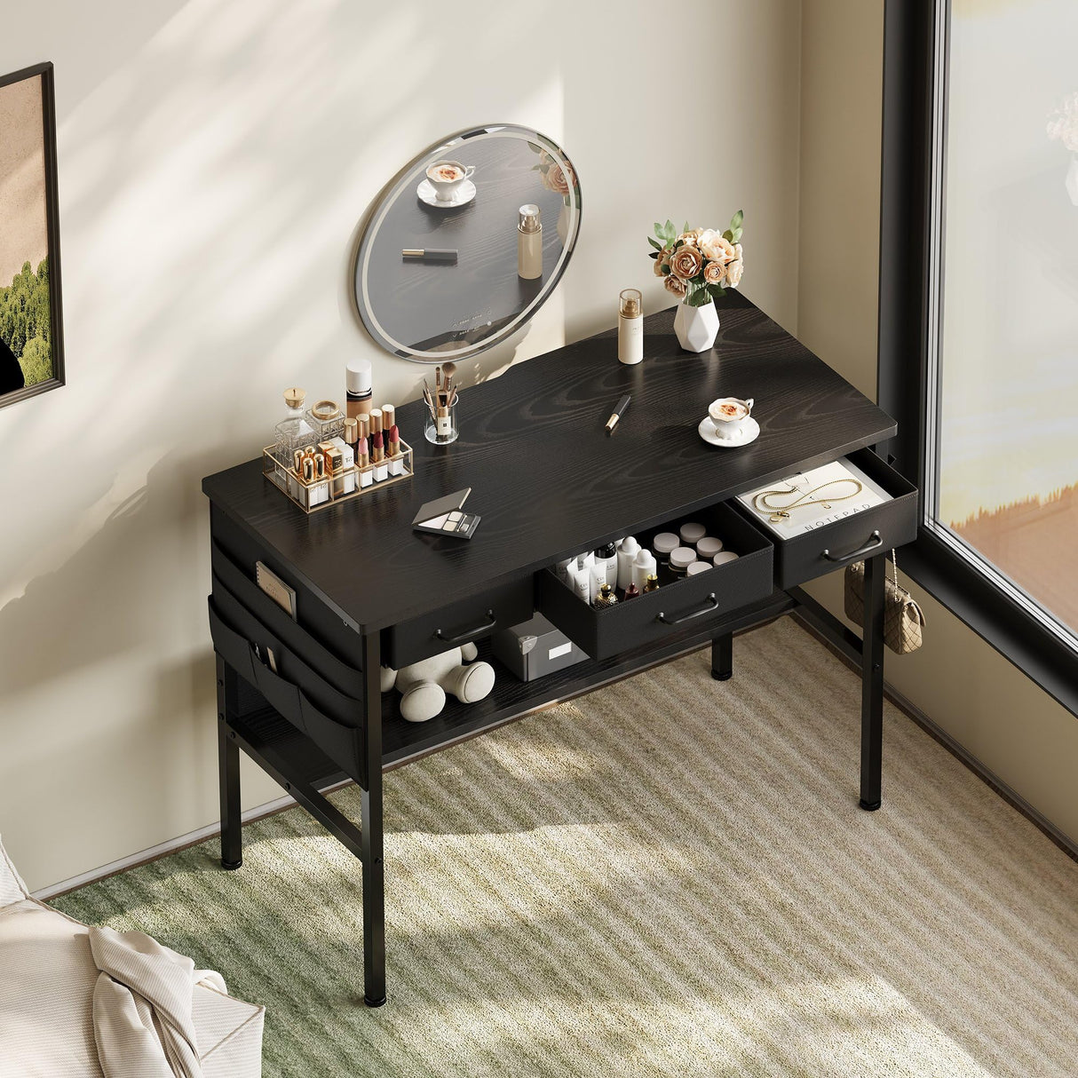 Maihail Small Desk with Drawers for Bedroom, Small Vanity Desk Without Mirror, 39.5inch, Writing Desk with Bookshelf, Computer Desk with Storage Drawers, Vanity Table no Mirror Black Maihail