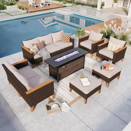 GREEN PARTY 9 Pieces Wicker Patio Furniture Set with 56" Fire Pit Table, All-Weather Outdoor Rattan Patio Sectional Sofa Conversation Set 9 Seats with 4" Thick Cushions for Garden, Backyard GREEN PARTY