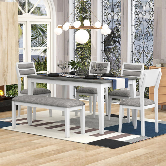 WOZNLA 6-Piece Kitchen Table Set, Classic and Traditional Solid Wood Dining Table Set with 4 Upholstered Chairs & Bench for Kitchen and Living Room, Elegant White and Gray Finish - WoodArtSupply