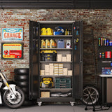 Aobabo 71" H×32" W×16" D Metal Storage Cabinet with Wheels, Garage Steel Storage Cabinet with 5 Adjustable Shelves and 4 Hooks for Home Office, Kitchen, Assembly Required, Black Aobabo