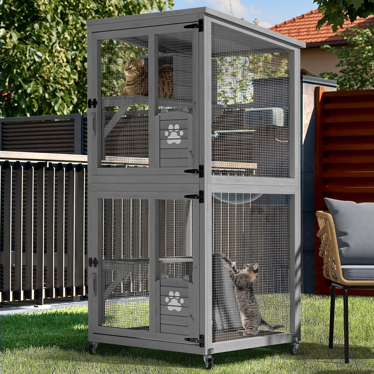 YITAHOME Cat House 70.9" Catio Outdoor Cat Enclosure on Wheels Wooden Cat Cage with Cat Space Capsule Bed and Cat Scratcher Ramp, Cat Patio Waterproof Roof(Grey) YITAHOME