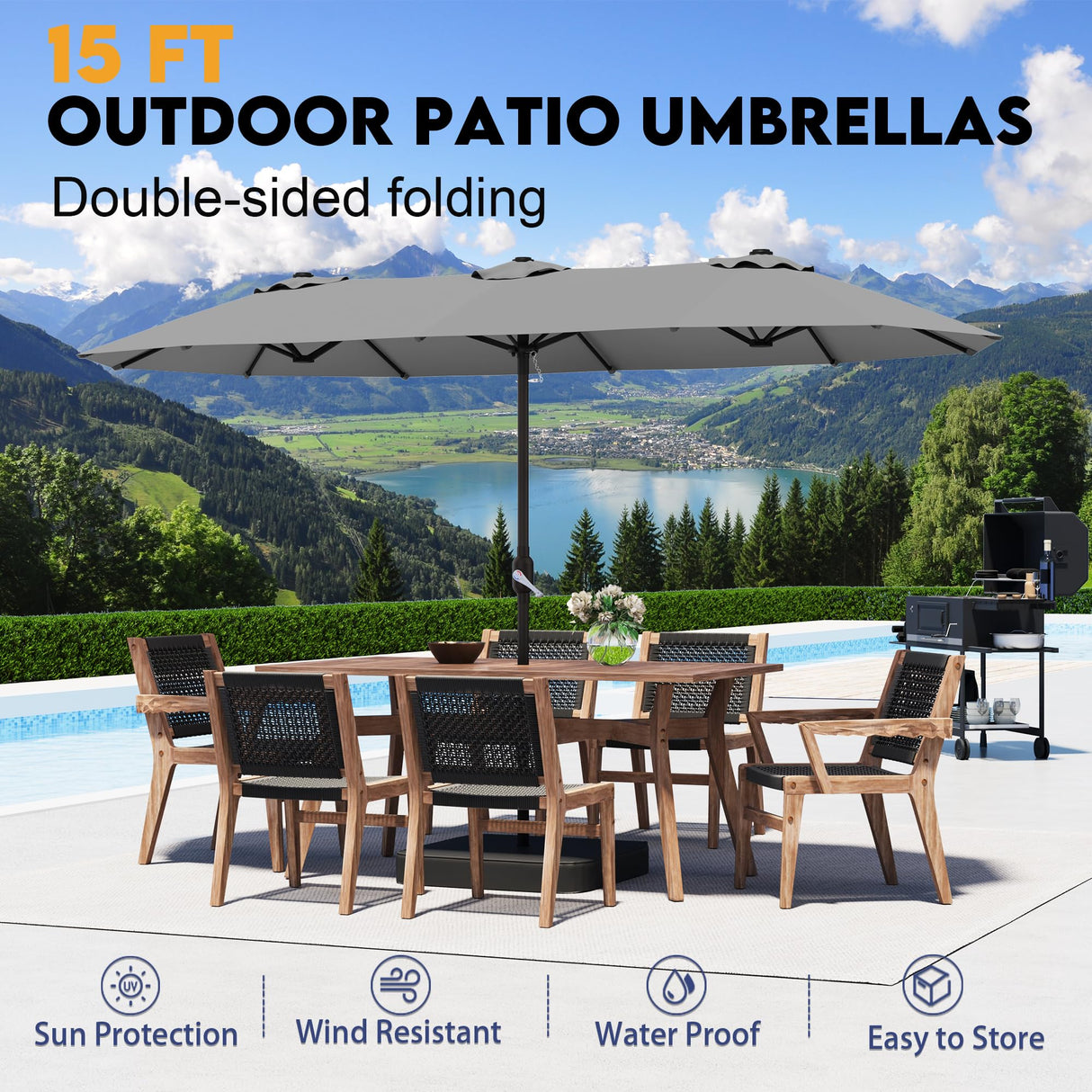 DomeShade 15ft Patio Umbrella with Base,Large Outdoor Double-Sided Rectangle Umbrella with Crank Handle, Market Umbrella for Poolside Garden Deck Backyard Beach Pools, Gray DomeShade