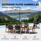DomeShade 15ft Patio Umbrella with Base,Large Outdoor Double-Sided Rectangle Umbrella with Crank Handle, Market Umbrella for Poolside Garden Deck Backyard Beach Pools, Gray DomeShade