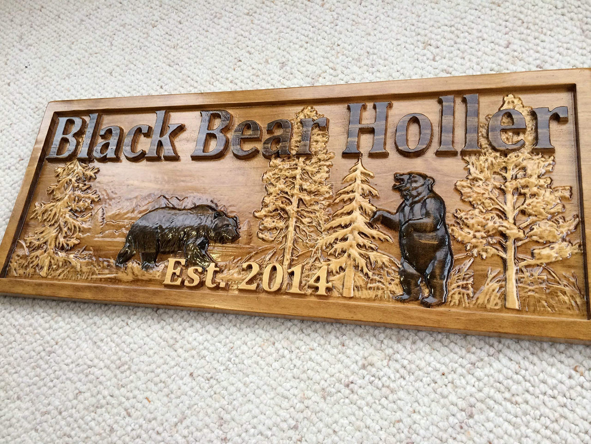 Personalized Wood Sign Custom Carved Cabin Gift Man Cave Wedding Family Last Name Camp Lake House Décor Woods Black Bear Plaque Last Name Established Sign Custom Wood Sign 3D Camper Sign 3D Woodworker