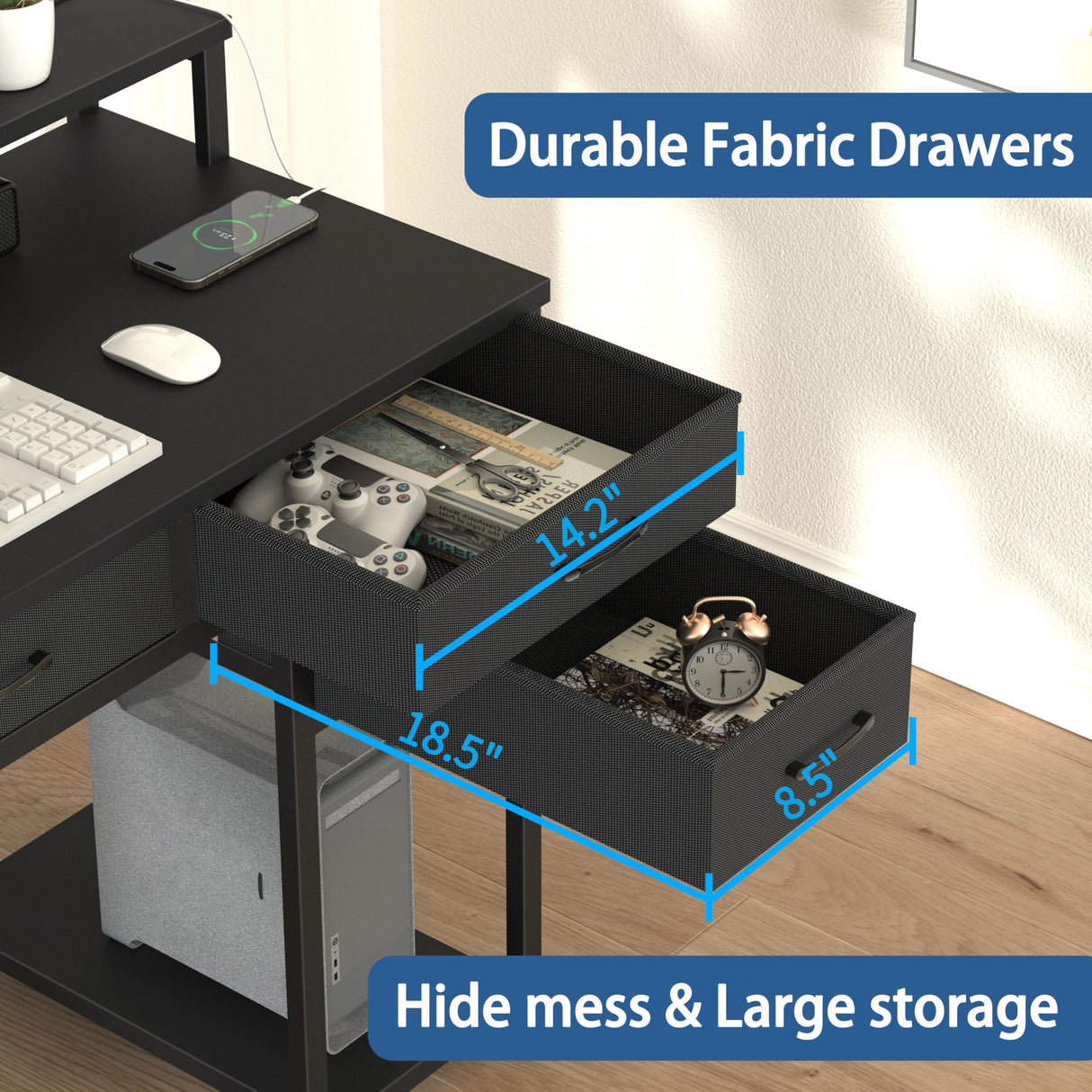 Uniheim Black Computer Desk with Drawers, Gaming Desk with LED Light & Power Outlet, 47" Home Office Desk with Large Storage & Monitor Stand for Small Space Uniheim