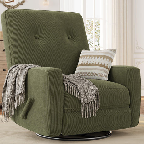 Nursery Recliner Chair, 360° Swivel Rocking Glider Chair for Adults with Adjustable Backrest & Footrest, Cozy Corduroy Upholstered Armchair for Living Rooms, Bedrooms, Apartments, Green Garvee