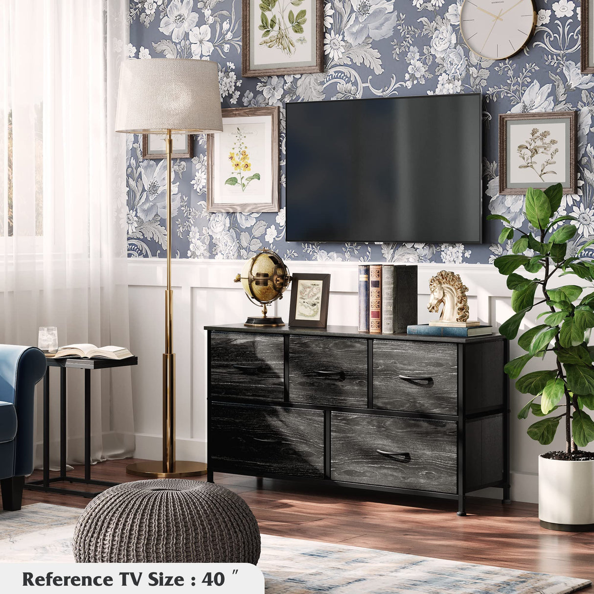 WLIVE Dresser for Bedroom with 5 Drawers, Wide Chest of Drawers, Fabric Dresser, Storage Organizer Unit with Fabric Bins for Closet, Living Room, Hallway, Charcoal Black Wood Grain Print WLIVE