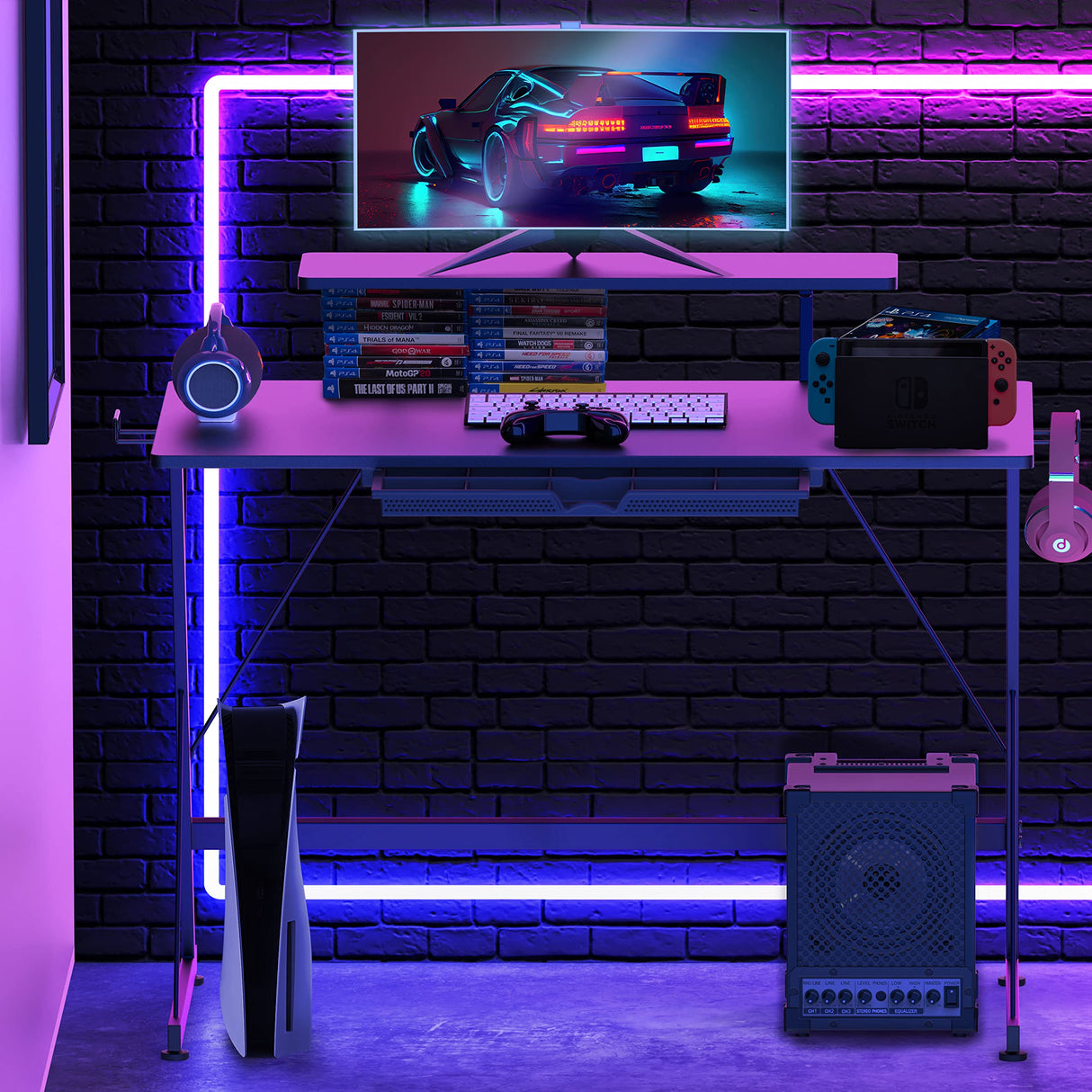 SHW 40 Inch Gaming Desk with Monitor Riser, Drawer and Hooks, Black SHW