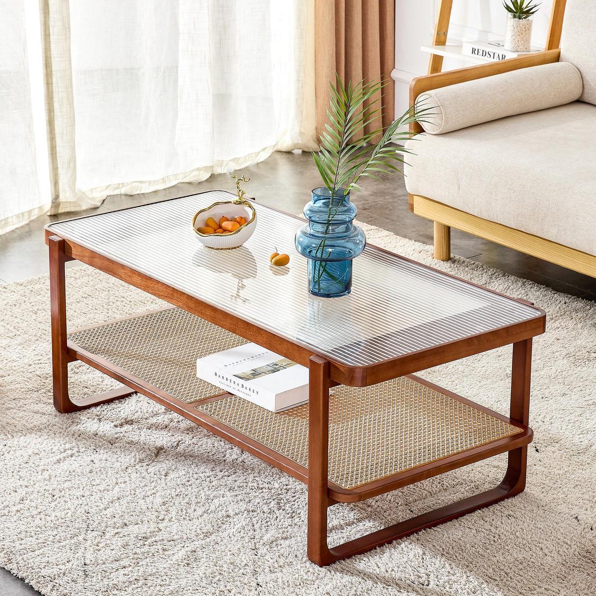 Ganooly Mid Century Modern Coffee Table with Ribbed Glass Top and PE Rattan Storage Shelf, 45 Inch Rectangular Solid Wood Boho Coffe Table, Unique Center Table for Livinig Room Apartment Small Space Ganooly