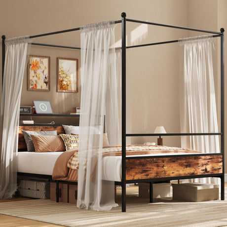 LIKIMIO Canopy Bed Frame Queen with Storage Headboard & Charging Station, Sturdy Metal Platform Bed with 4 Removable Posts, Dual Purpose Bed Frame, No Box Spring Needed, Noise Free LIKIMIO
