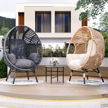 TQKVIPI Oversized Wicker Egg Chair Outdoor Indoor Rattan Patio Egg Lounge Chairs with Cushion 500lbs Capacity for Living Room, Balcony, Backyard(Beige) TQKVIPI