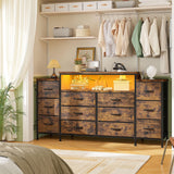 EnHomee 55" W Dresser for Bedroom with LED Lights & Charging Station 12 Drawer Dressers & Chests of Drawers Dresser TV Stand for Bedroom for Hanging 65" TV, Metal Frame & Fabric Drawers, Rustic Brown EnHomee