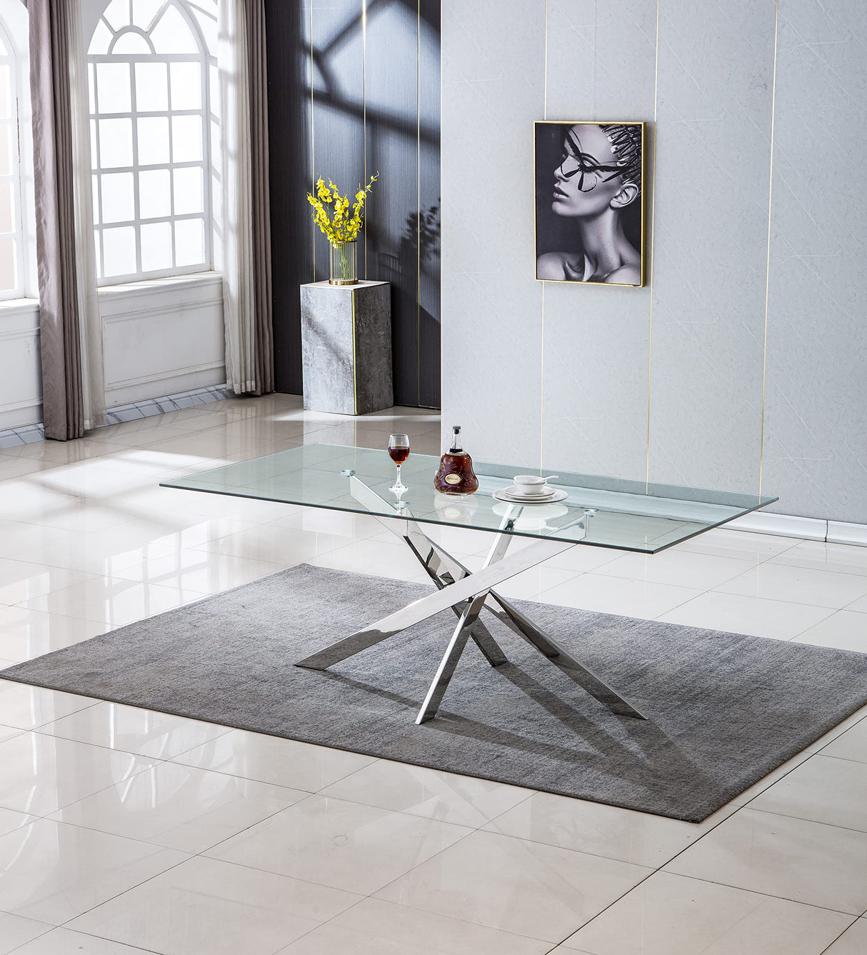 79" Large Dining Table, Glass Kitchen Table for 8-10 Person, Modern Dining Room Table with 0.39" Thick Tempered Glass Top and Silver Stainless Steel Pedestal Base, Big Dining Room Table for Home Pvillez