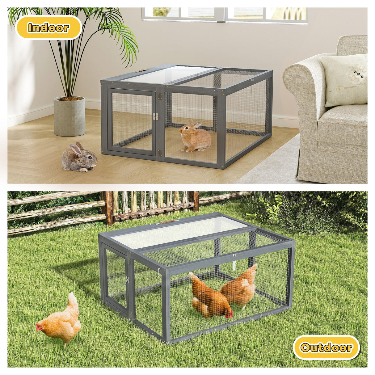 COZIWOW Portable Chicken Coop with UV-Proof Panel, 4X Garden Stakes, Wooden Rabbit Hutch, Chicken Brooder Indoor, Outdoor Folding Chicken Cage, Top & Side Openable Doors, 45.3Inch (Grey) COZIWOW