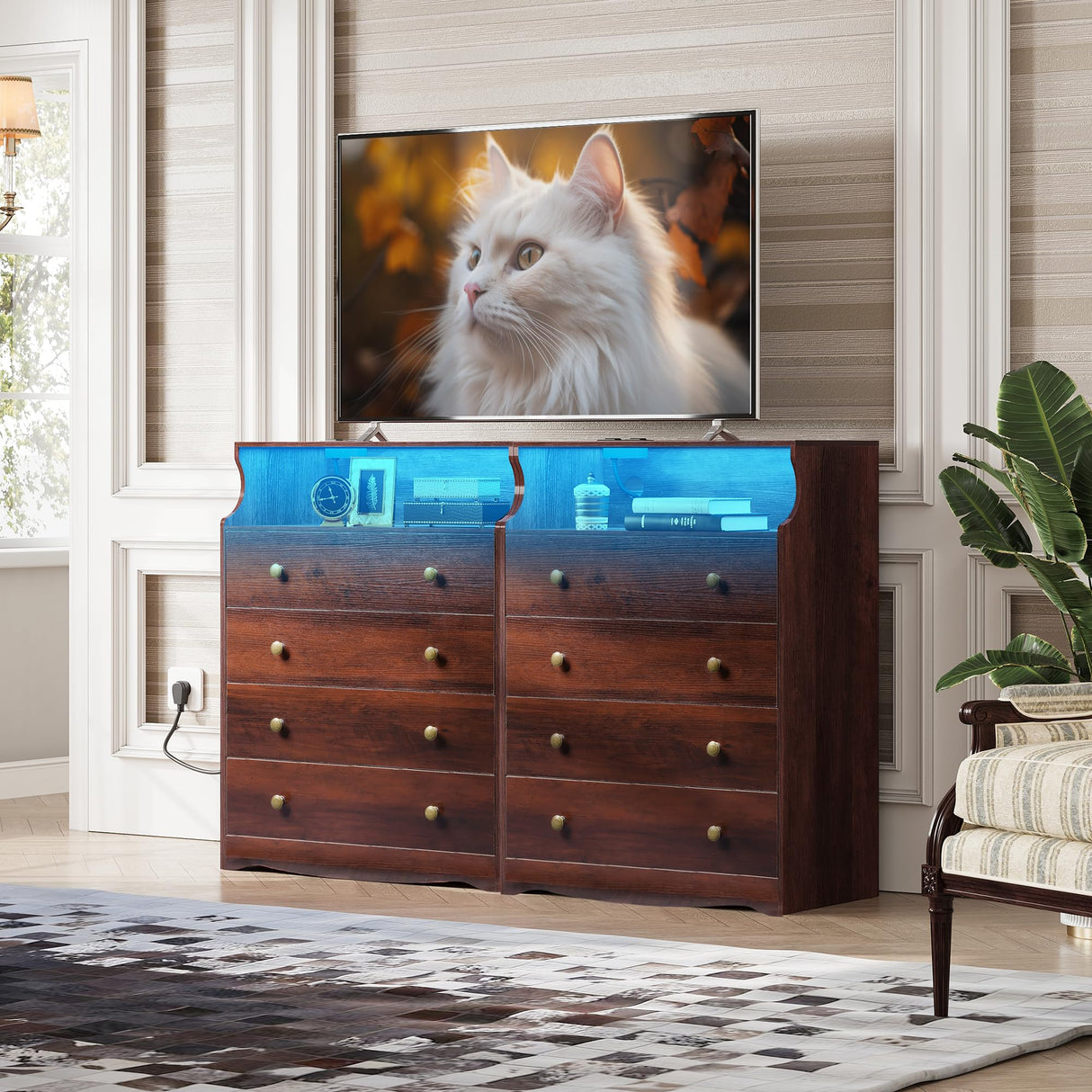 WLIVE LED Dresser for Bedroom, Tall Wood Dresser with 4 Drawers and Open Shelf, Chest of Drawers with Charging Station and LED Lights for Living Room, Hallway, Closet, Rustic Brown WLIVE