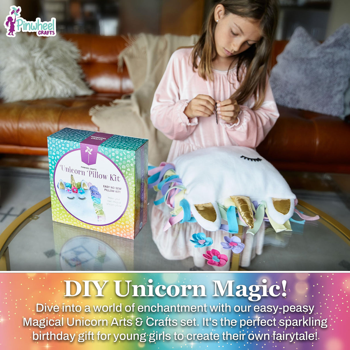 Pinwheel Crafts Unicorn Pillow Kit - DIY Arts and Crafts for Kids Ages 6 7 8-12+ Years, No Sewing Kit for Kids, Unicorn Pink Pillow Craft Kits for Birthday, Christmas Gifts for Girls Pinwheel Crafts