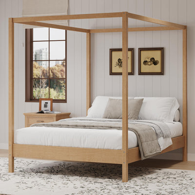 RuiSiSi Queen Canopy Bed, 4 Poster Queen Size Canopy Bed Frame, Solid Platform Bed with Wood Slats Support, No Box Spring Needed, Natural