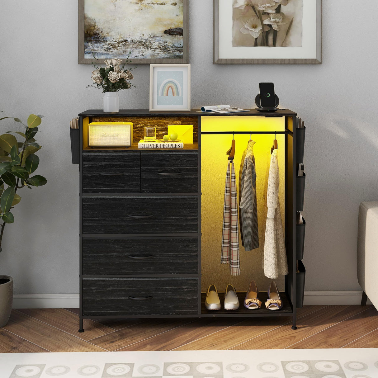 Espelism Dresser for Bedroom with Clothes Rack & Side Pockets 5 Drawer Dresser with Charging Station & LED Lights Black Storage Chest of Drawers for Nursery Hallway Closet Sturdy Steel Frame Wood Top Espelism