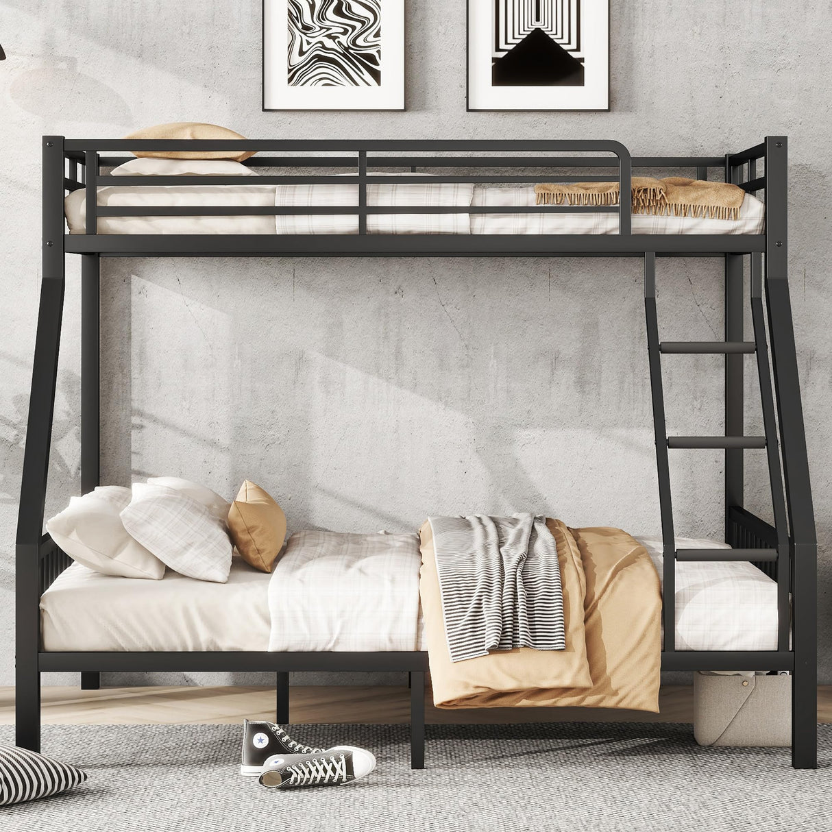 Twin XL Over Queen Bunk Beds for Adults and Teens, Heavy-Duty Metal Bunk Bed Frame with Ladder and Slats Support for Boys Girls,Space-Saving Design,Noise Reduced,Black MoproBeti