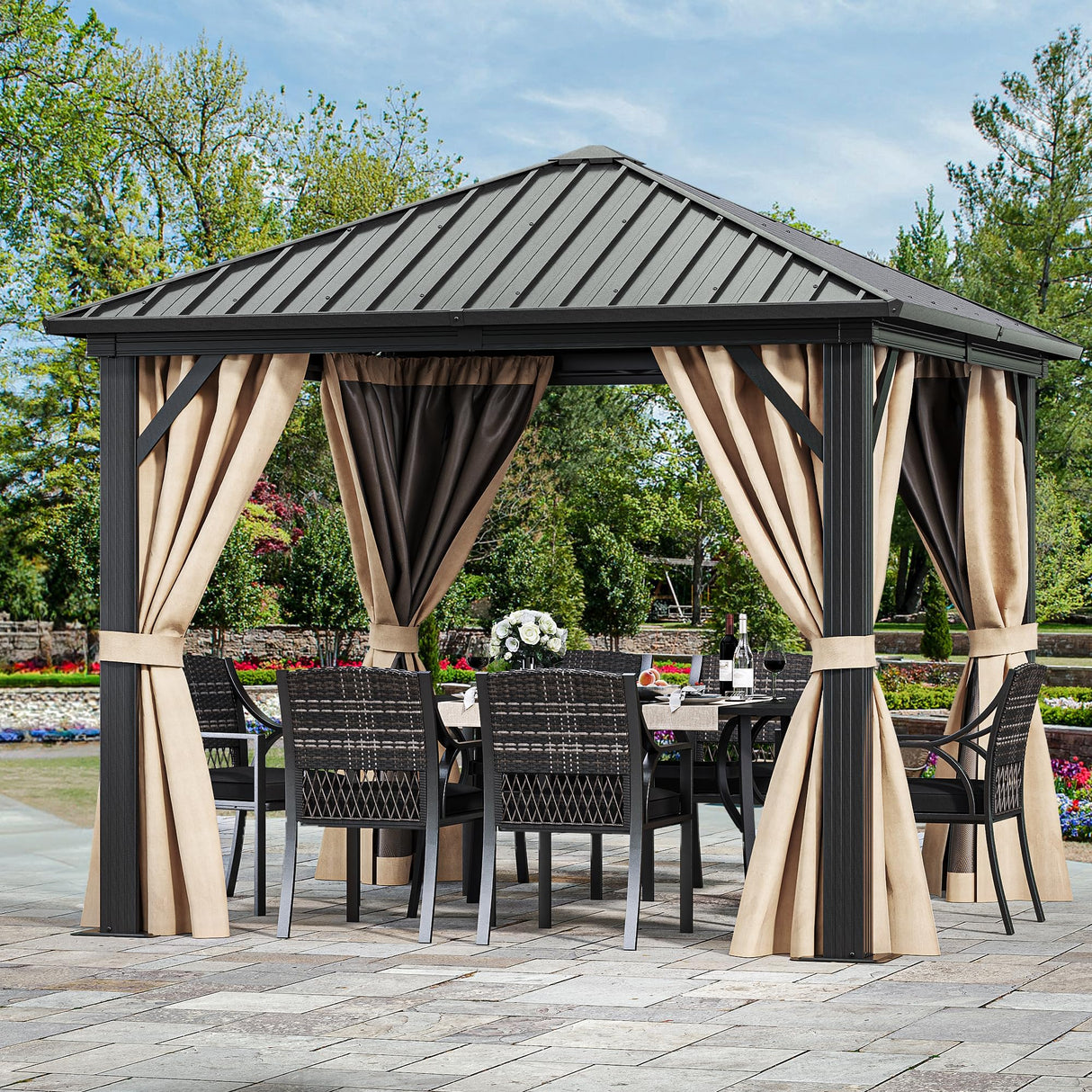 YITAHOME 10x10ft Hardtop Gazebo with Nettings and Curtains, Heavy Duty Galvanized Steel Outdoor Vertical Stripes Roof for Patio, Backyard, Deck, Lawns, Brown YITAHOME