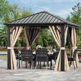 YITAHOME 10x10ft Hardtop Gazebo with Nettings and Curtains, Heavy Duty Galvanized Steel Outdoor Vertical Stripes Roof for Patio, Backyard, Deck, Lawns, Brown YITAHOME