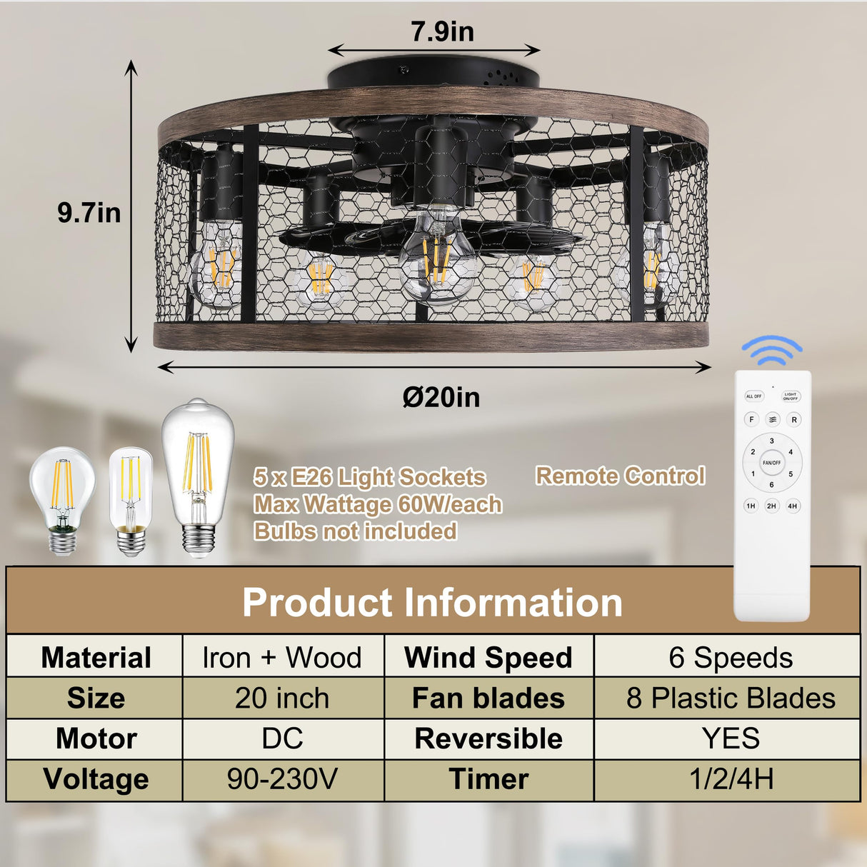 Ohniyou 20'' Flush Mount Caged Ceiling Fan with Lights Remote Control, Farmhouse Rustic Low Profile Small Vintage Enclosed Ceiling Fan Lighting Fixture Bedroom Dining Room Ohniyou