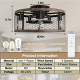 Ohniyou 20'' Flush Mount Caged Ceiling Fan with Lights Remote Control, Farmhouse Rustic Low Profile Small Vintage Enclosed Ceiling Fan Lighting Fixture Bedroom Dining Room Ohniyou