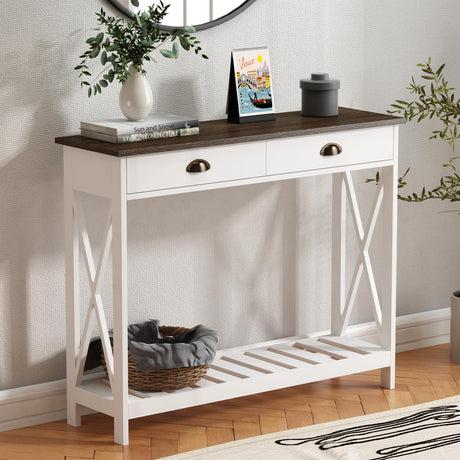 ChooChoo Farmhouse Console Table with Drawer for Entryway, Narrow Long Entry Table with Shelf for Living Room, Rustic Vintage Hallway Sofa Table with Stable X Supports, 40 White ChooChoo