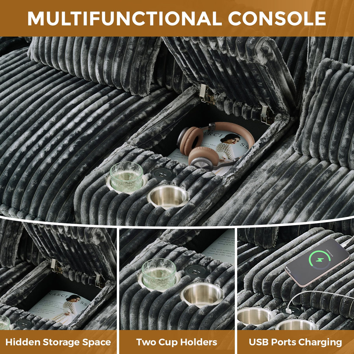 HYJT-H&K 124" U Shaped Cloud Couch Sectional, Comfy Fluffy Plush Corduroy Grey Sectional Couches for Living Room, Modern Modular Corduroy Couch Sectionals with Central Console & Double Chaise Lounge HYJT-H&K