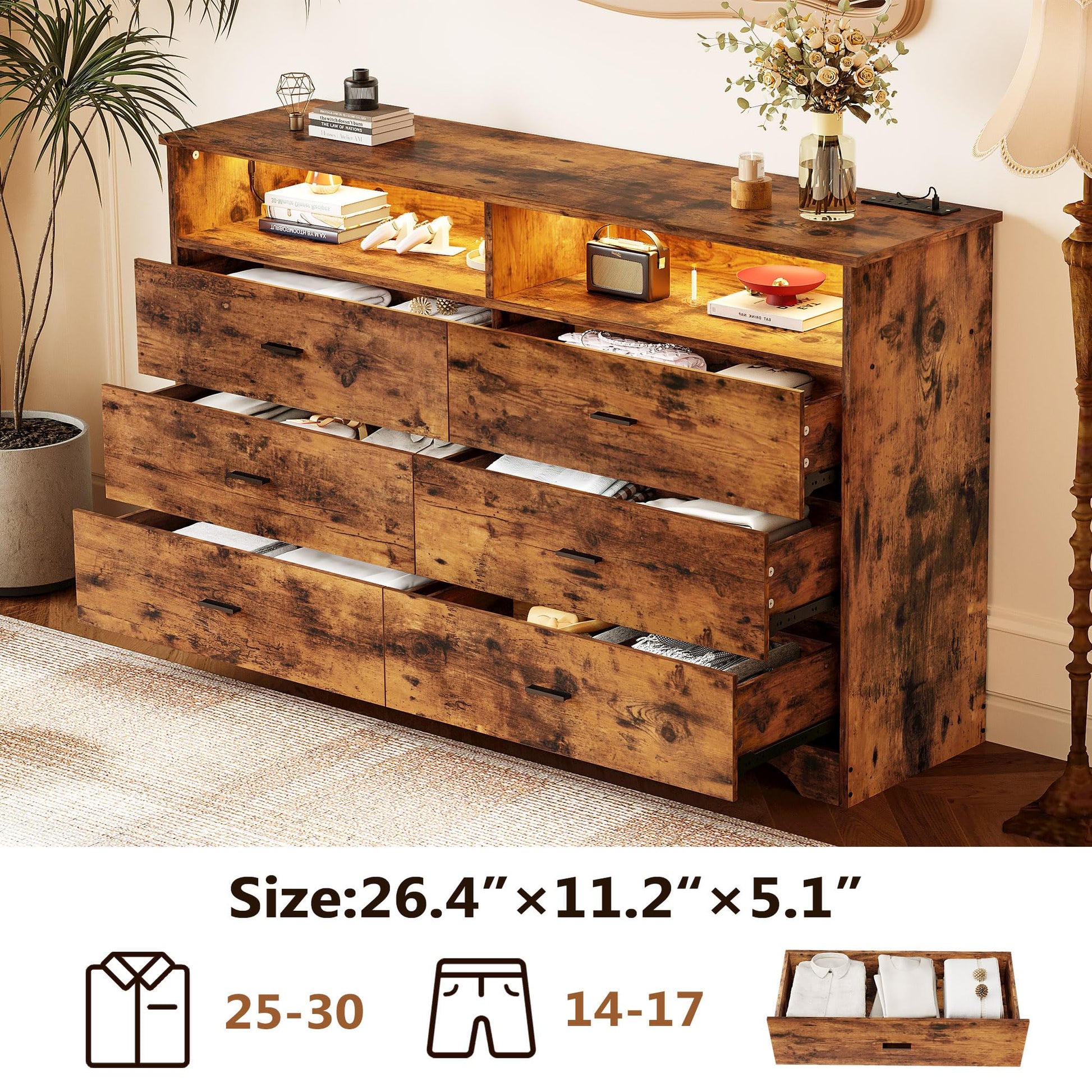 LIKIMIO 6 Drawer 59" Dresser with LED and Power Strip, Dressers & Chests of Drawers with Storage Cabinet for Bedroom, Rustic Brown - WoodArtSupply