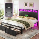 Homkdom Farmhouse Full Size Bed Frame with 2 Storage and LED Lights, Full Bed Frame with Headboard Built in Charging Station,Easy Assembly, No Box Spring Needed, Black Homkdom