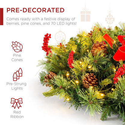 Best Choice Products 30in Pre-Lit Battery Powered Christmas Wreath Artificial Pre-Decorated Holiday Accent w/ 100 Lights, 276 PVC Tips, Ribbons, Pine Cones