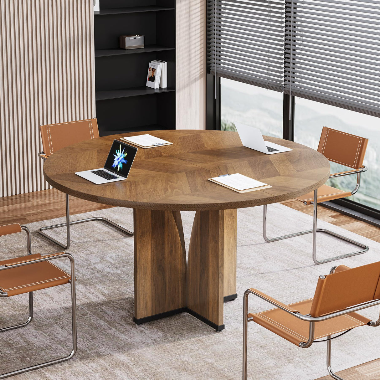 Tribesigns 39" Round Conference Table for 4, Wooden Meeting Table for Training & Seminar, Modern Small Office Table for Negotiation, Multi-Purpose Business Tables for Conference Room (Brown) Tribesigns