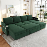LUMISOL Convertible Sectional Sleeper Sofa Bed, 110" U-Shaped Sofa with Pull Out Bed, Corduroy 6-Seater Modular Couch with Double Storage Chaise, Cup Holders & USB Ports for Living Room, Green LUMISOL