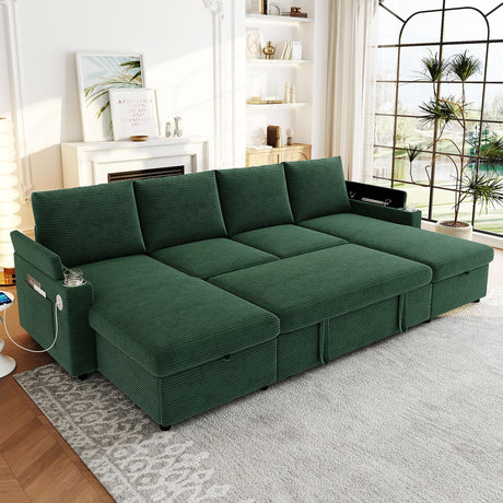 LUMISOL Convertible Sectional Sleeper Sofa Bed, 110" U-Shaped Sofa with Pull Out Bed, Corduroy 6-Seater Modular Couch with Double Storage Chaise, Cup Holders & USB Ports for Living Room, Green LUMISOL
