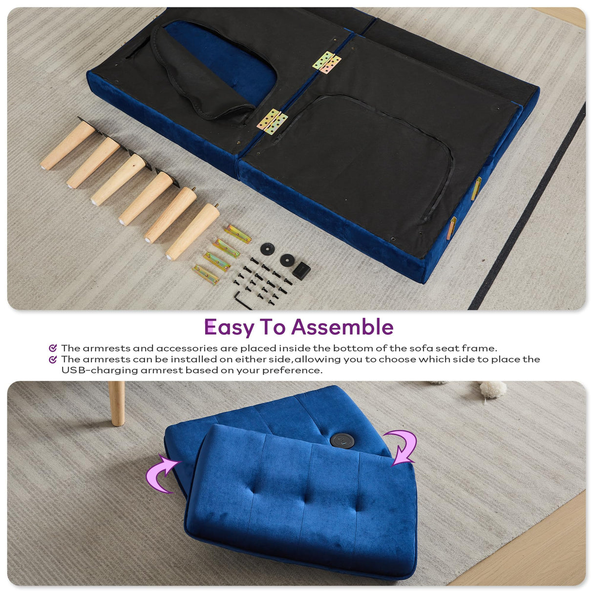 TYBOATLE 65" W Velvet Modern Convertible Folding Futon Couch Sofa Bed w/ 2 USB Charging Ports for Compact Living Space, Small Couches for Office, Dorm, RV Room, Apartment, Bedroom (Navy Blue) TYBOATLE