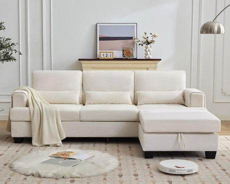 Siiejia 88" Sectional Couches for Living Room, Comfy L Shaped Sofa Couch with Storage Ottoman & Pocket, Modern 3 Seater Boucle Couch with Lumbar Pillows for Apartment, Office, Easy Assembly, Beige Siiejia