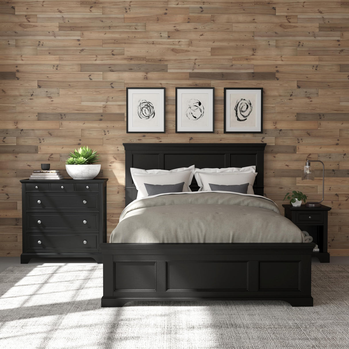 Home Styles Bedford Queen Bed Headboard, Footboard, Rails and Matching Wood Panel Bed Chest and Nightstand Set in Black homestyles