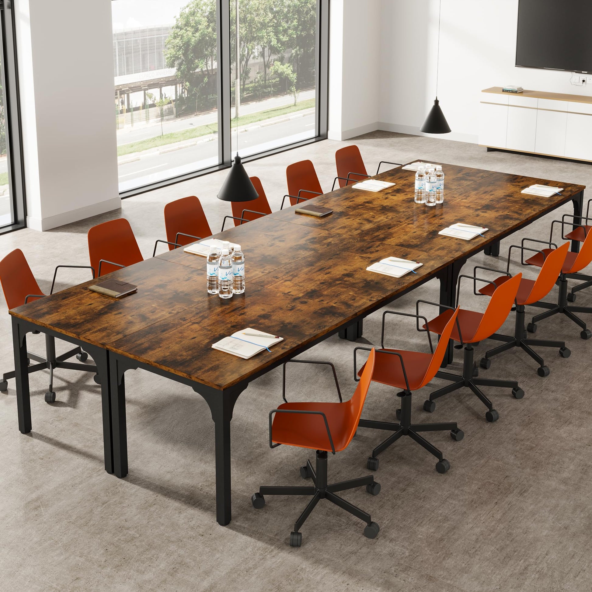 Trggivs 13FT Conference Table, Super Sturdy Large Rectangle Meeting Seminar Table for 12-16 Person, Long Business Tables, 4 Pcs Brown - WoodArtSupply