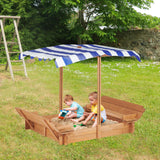 Kids Sandbox with Adjustable Cover and Foldable Bench Seats, 46''x46'' Outdoor Wooden Sandpit for Backyard Play SoliWood