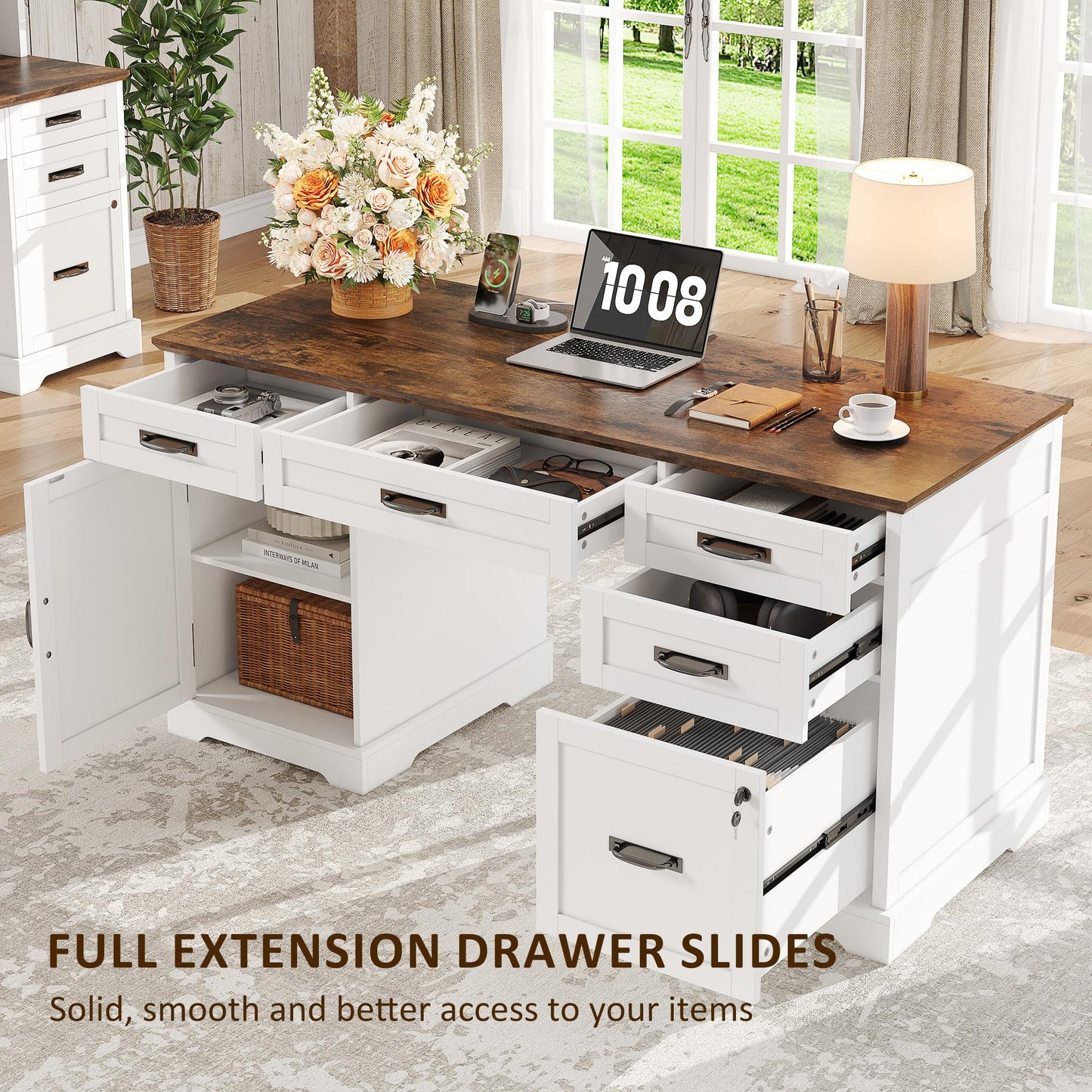 Whalefall 55'' Farmhouse Desk Home Office with Drawers, Executive Computer Desk Wooden with File Cabinet and Charging Station, White