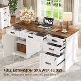 Whalefall 55'' Farmhouse Desk Home Office with Drawers, Executive Computer Desk Wooden with File Cabinet and Charging Station, White Whalefall