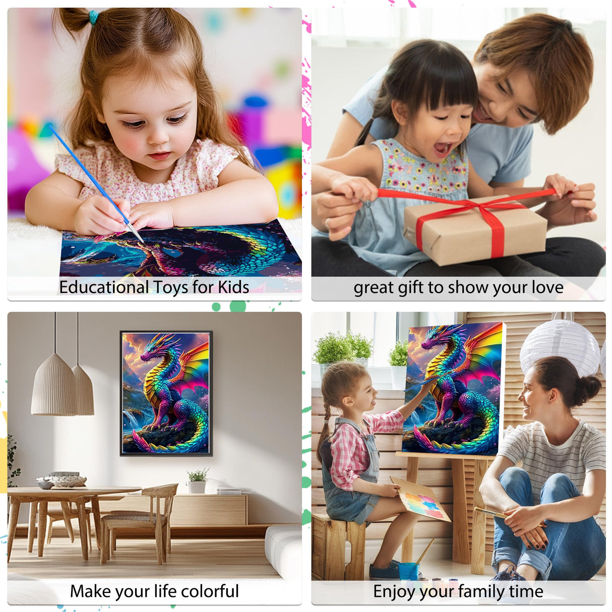 EOBROMD Framed Paint by Numbers Kits for Adults Colourful Dragons, DIY Kits Crafts for Beginner on Stretched Canvas, 3 Paint Brushes and Acrylic Paint for Home Decor 12x16inch EOBROMD