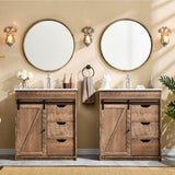30" Farmhouse Bathroom Vanity with Sink, Bathroom Vanity w/Sliding Barn Door, Modern Bathroom Cabinet w/3 Drawers & Adjustable Shelves, Floor Standing Bathroom Vanity w/Metal Handle, Light Brown Aitjunz