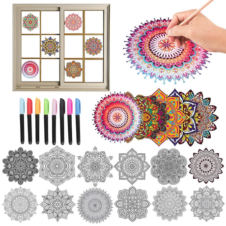 Mandala Designs Suncatcher Window Art Kit, 12 Pcs DIY Window Clings with MarkersYour Own Stained Glass Mandala Art Kit for for Home Decorations Perfect Hobby for Women, Elderly Gorofit