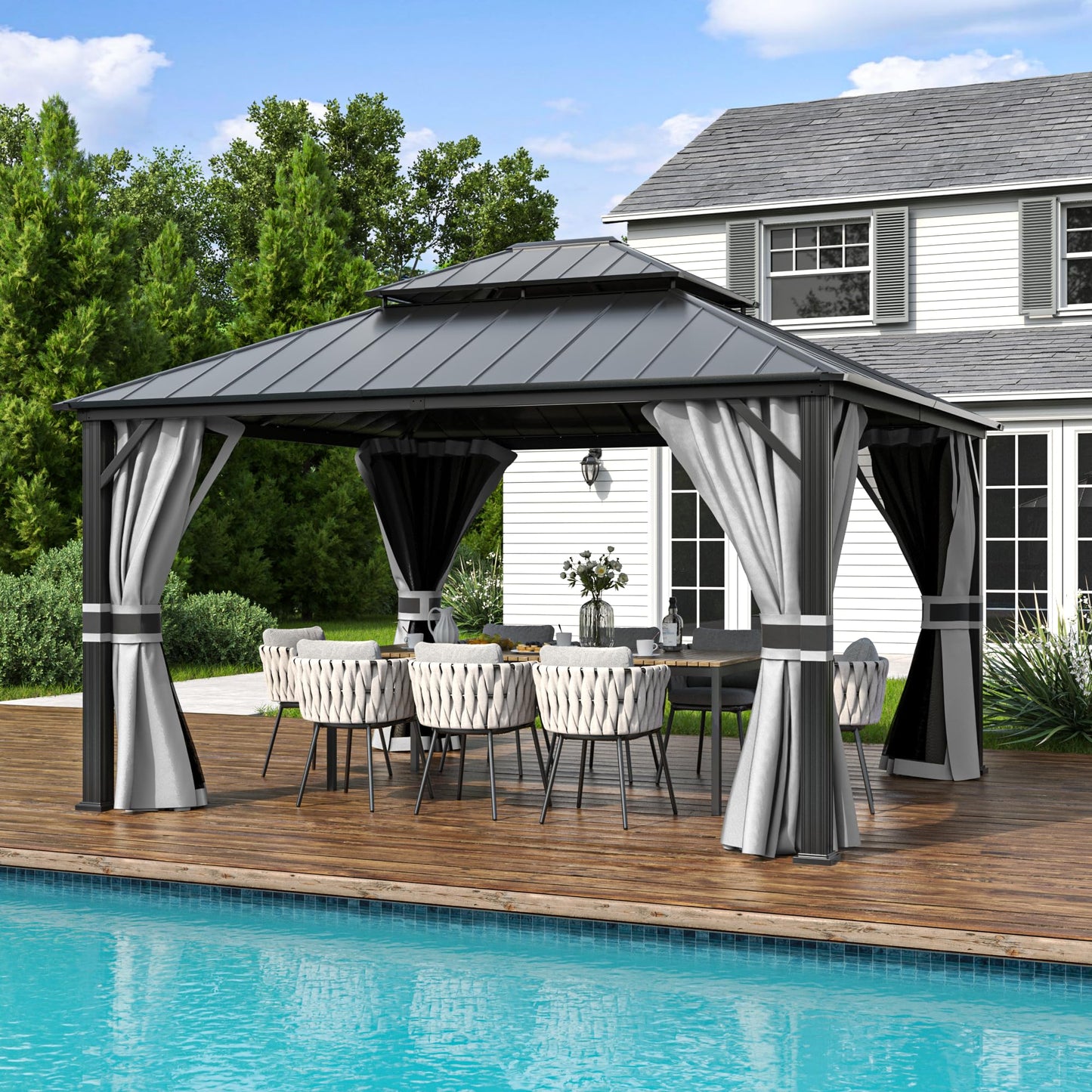 Amopatio 12' X 14' Hardtop Gazebo Permanent Aluminum Gazebos with Galvanized Steel Double Roof for Patio Lawn and Garden,Included Curtains & Mosquito Netting,Grey