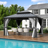 Amopatio 12' X 14' Hardtop Gazebo Permanent Aluminum Gazebos with Galvanized Steel Double Roof for Patio Lawn and Garden,Included Curtains & Mosquito Netting,Grey Amopatio