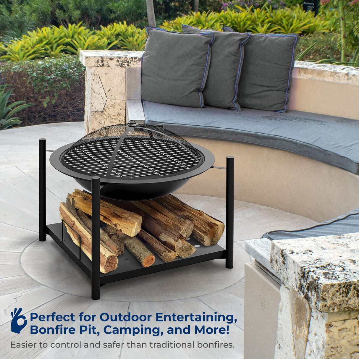 SereneLife 26" Outdoor Fire Pit with BBQ Grill, Mesh Screen, and Wood Storage – Heavy-Duty Steel Frame, Heat-Resistant – Ideal for Bonfires, Camping, and Outdoor Cooking SereneLife