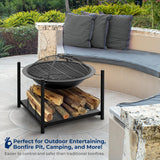 SereneLife 26" Outdoor Fire Pit with BBQ Grill, Mesh Screen, and Wood Storage – Heavy-Duty Steel Frame, Heat-Resistant – Ideal for Bonfires, Camping, and Outdoor Cooking SereneLife