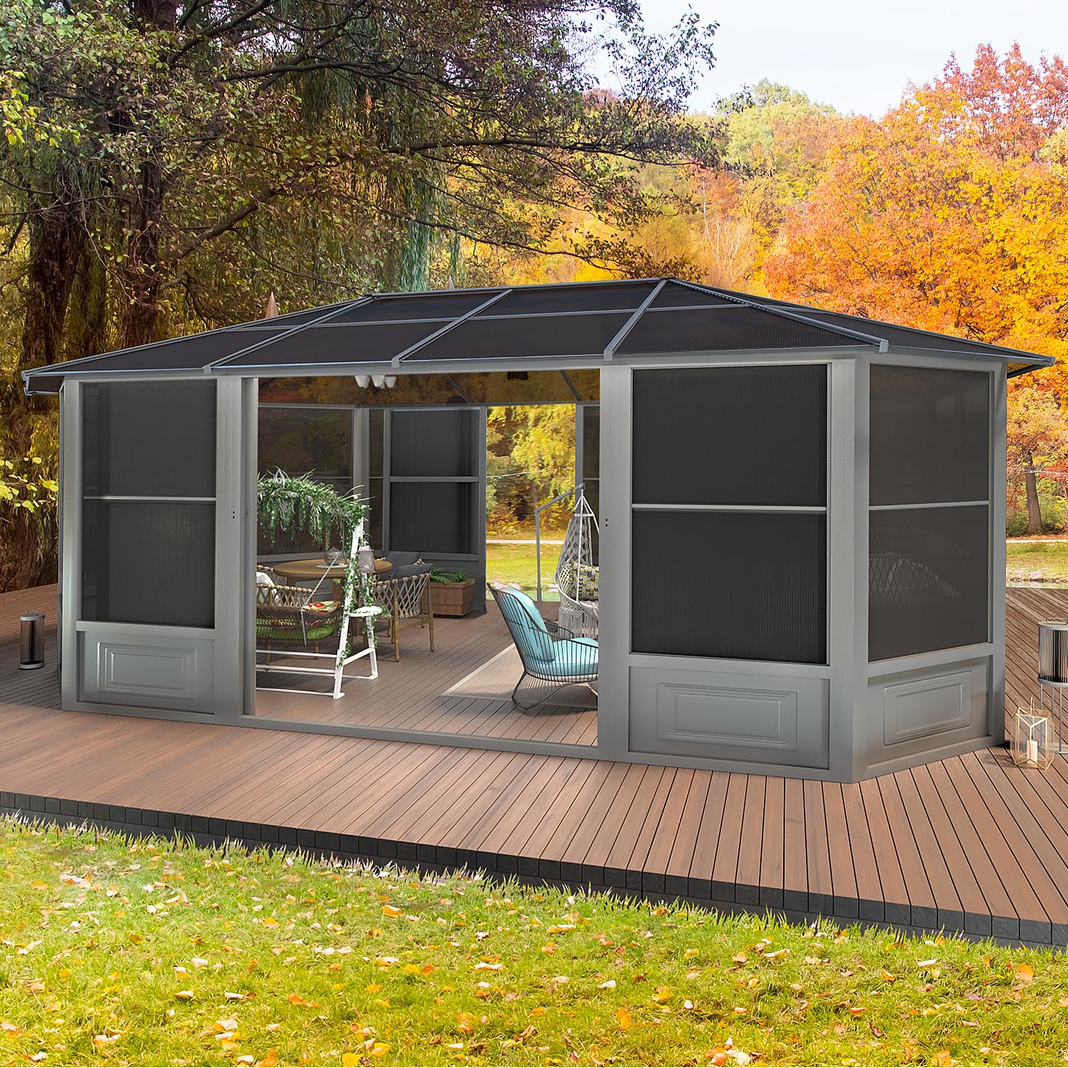 EROMMY 12' x 18' Sunroom, Solarium Gazebo with Aluminum Frame and Polycarbonate Roof, Outdoor Permanent Sun Room with Moveable PVC Screen and Sliding Door for Garden, Patio, Deck, Lawns - WoodArtSupply